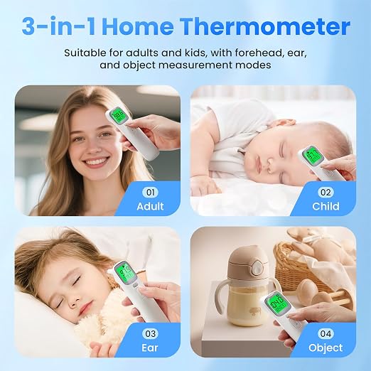 3-in-1 Ear Forehead Thermometer for Adults Kids with Object Mode | Accurate Digital Baby Thermometer, ANG Fever Alarm LCD Screen, 2*AAA batteries Included, Silent Mode with Storage Bag White