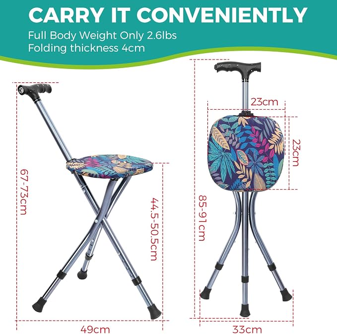 Folding Cane with Seat,Adjustable Walking Stick for Seniors,Lightweight Walking Cane with LED Light,Height Adjustment Cane Seat,Portable Cane Chair,Sturdy Crutches Stool,Supports up to 250 lbs