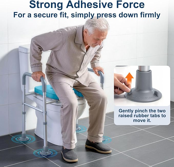 Adjustable Raised Toilet Seat with Handles for Seniors, Grey | 400lbs Capacity Elongated Toilet Seat Riser, Elevated Toilet Seat with Soft Cushion & Removable Armrests