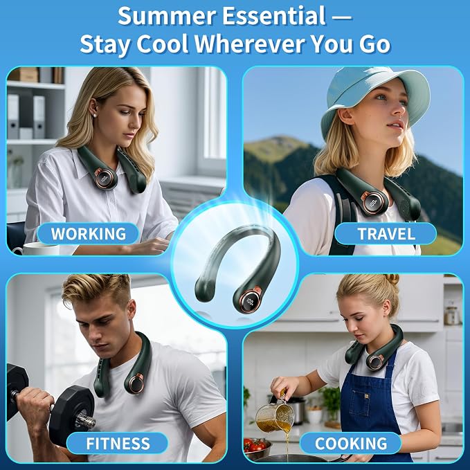 BNBZ Portable Neck Fan, 6000mAh Rechargeable Fan Blows Cold Air with LED Display, 4 Speeds, 20H Runtime, Quiet Wearable 360° Personal Cooling Fan for Outdoor Travel Work Gym-Sea Green