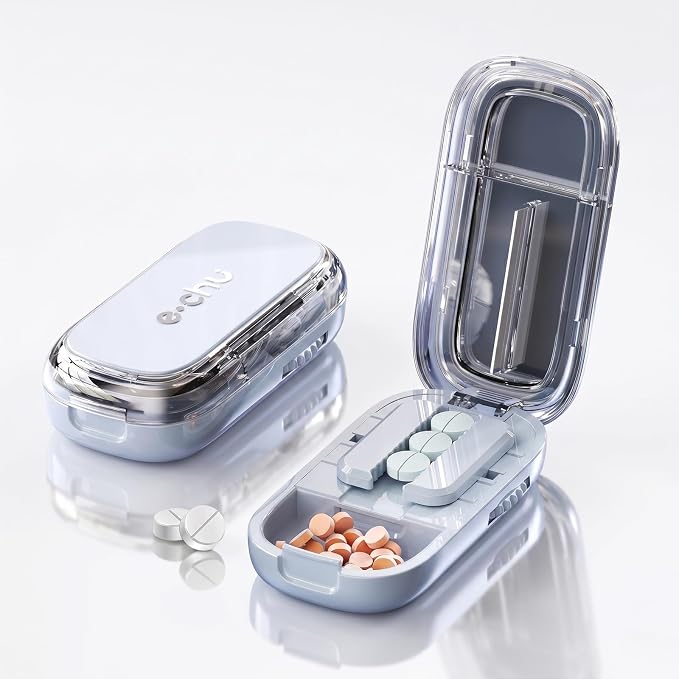 Pill Cutter Splitter for Small and Tiny Pills - Adjustable Pill Splitter with Centering Device for Cutting Multiple Pills, Accurate Alignment and Easy to Use, Storage Organizer (Blue)