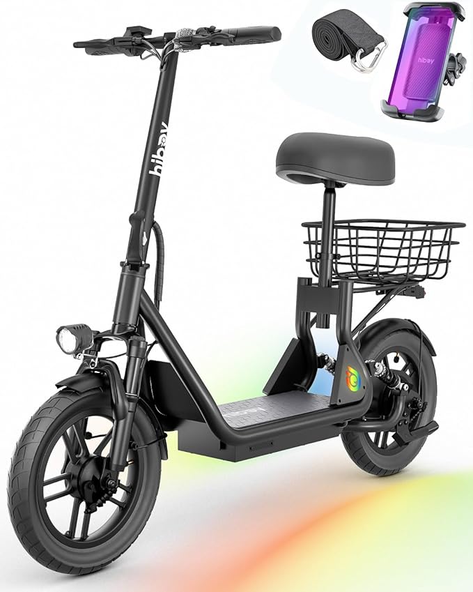 Hiboy Q2 Adult Electric Scooter with Seat & Phone Holder – 500W Motor, 22mi Range, 14" Wheels, Dual Suspension, Neon Lights, Foldable for Commute & Campus