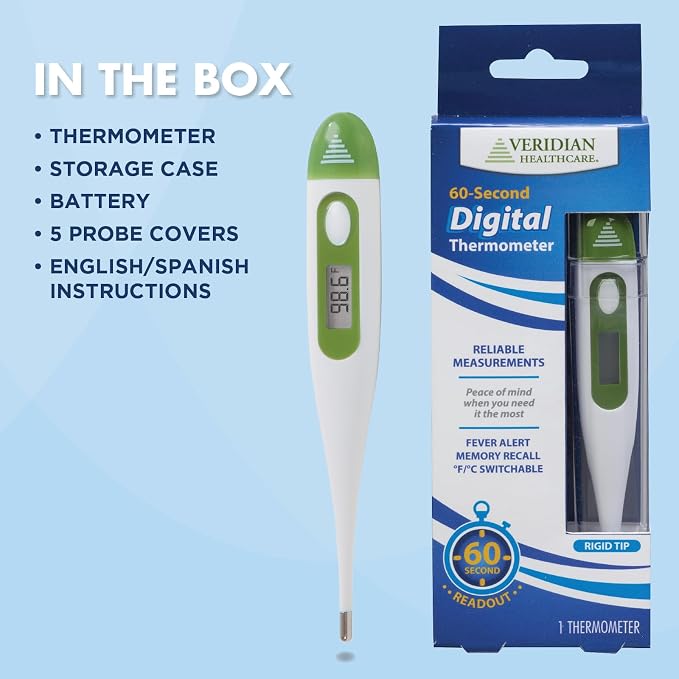 Veridian 60-Second Digital Thermometer with Fever Alert | Rigid Tip for Oral, Rectal & Underarm Use, Memory Recall, Water-Resistant, Storage Case & Probe Covers