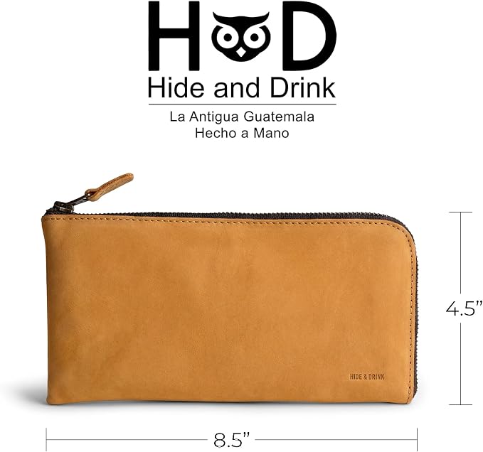 Hide & Drink, Leather Long Zippered Wallet, Holds Up to 8 Cards Plus Coins And Flat Bills, Phone Holder, Cash Organizer, Travel Essentials, Handmade, Old Tobacco
