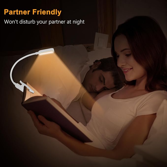 Gritin 16 LED Rechargeable Book Light for Reading in Bed | Eye Caring 3 Color Temperatures, Stepless Dimming Brightness, 80 Hrs Runtime, Lightweight Flexible Clip on Light-White