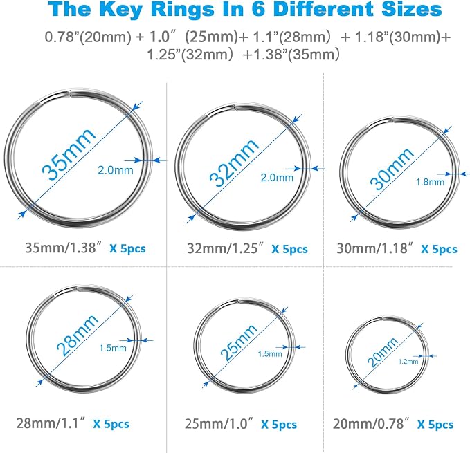 YHYZ Split Key ring Assorted, 5 Sizes (1/2 inch, 3/4 inch,1 inch, 1.25 inch, 1.38 inch), for Dog Pet Collar DIY Tag Jewelry