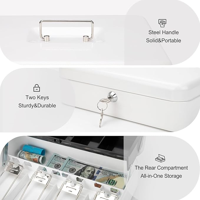 Jssmst Locking Large Metal Cash Box with Money Tray, Money Box with Key Lock, White, SM-CB0504L