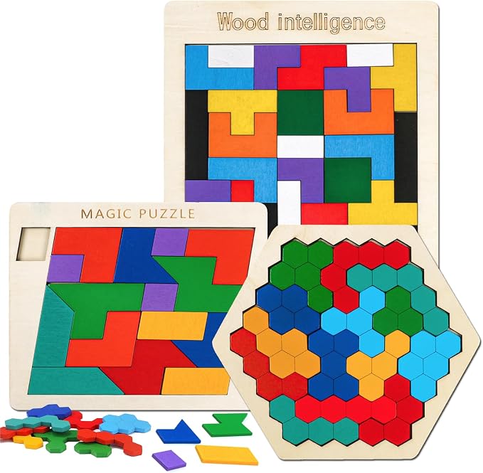 Wooden Brain Teaser Puzzles,Montessori Tangrams Pattern Blocks Logic Board Geometric Shapes Jigsaw Puzzle Games for Kids Ages 3-5,4-6(3Pack)