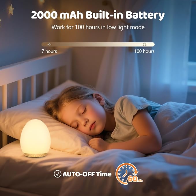 MediAcous Night Lights for Kids Room, Baby Night Light with 7 Colors Changing & Dimming Function, Rechargeable Kids Night Light with 1 Hour Timer & Touch Control, Up to 100H, Wood Grain