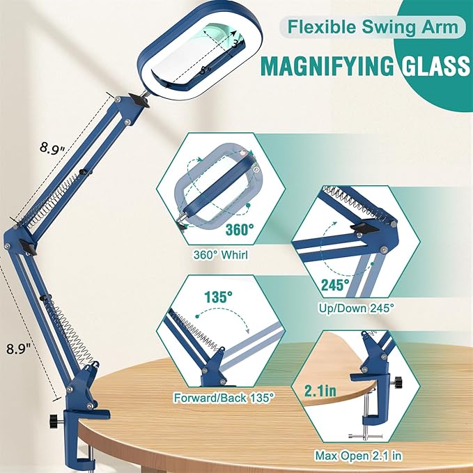 10X Rectangle Magnifying Glass with Light, 5 Color Modes Stepless Dimmable Magnifier with Stand, LED Lighted Clamp Desk Lamp with Swing Arm, Hands Free for Reading Painting Close Work - Blue