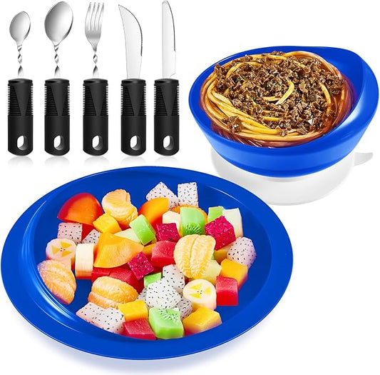 2 Sets Adaptive Utensils Bowl and Plate Set Adaptive Self Feeding Dinnerware with Suction Base Non Slip Bendable Cutlery for Elderly Disabled Hand Tremors Arthritis Parkinson(Blue)