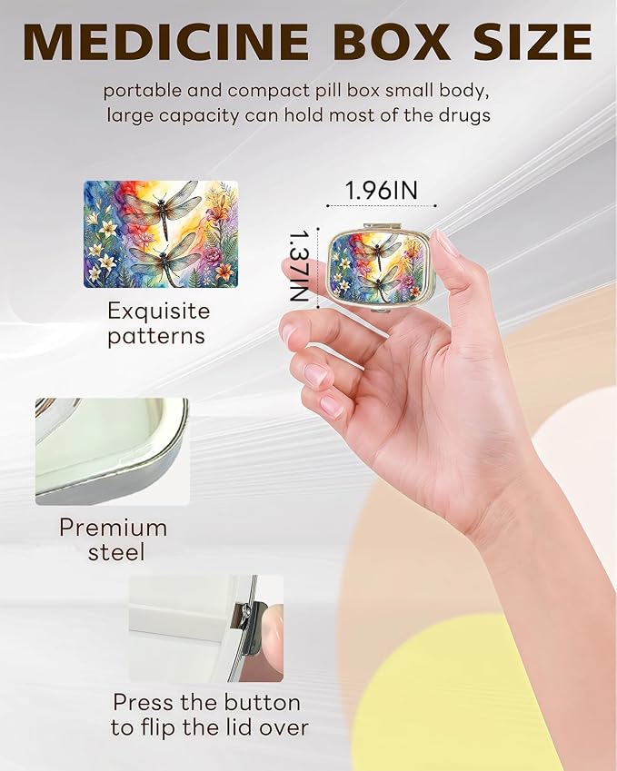 LRITER Pill Case, 2 Compartment Portable Small Travel Pill Organizer for Purse and Pocket, Stylish Medicine Case with Multiple Patterns, Daily Pillbox for Home & Travel (Two Dragonflies)