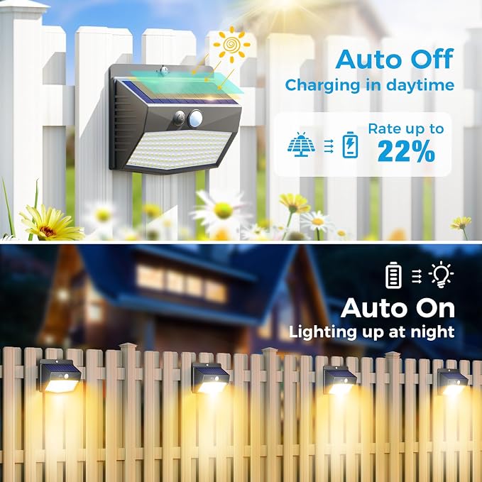 4 Pack Solar Motion Sensor Lights Outdoor Waterproof with 3 Modes | Warm White, Black Frame, LED, Solar Powered, Security Lighting for Outside Wall Garden Fence Yard Deck Patio Garage