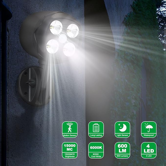 Motion Sensor Outdoor Lights, Battery Operated 600LM Motion Detector Security Lights, Black (1 Pack)