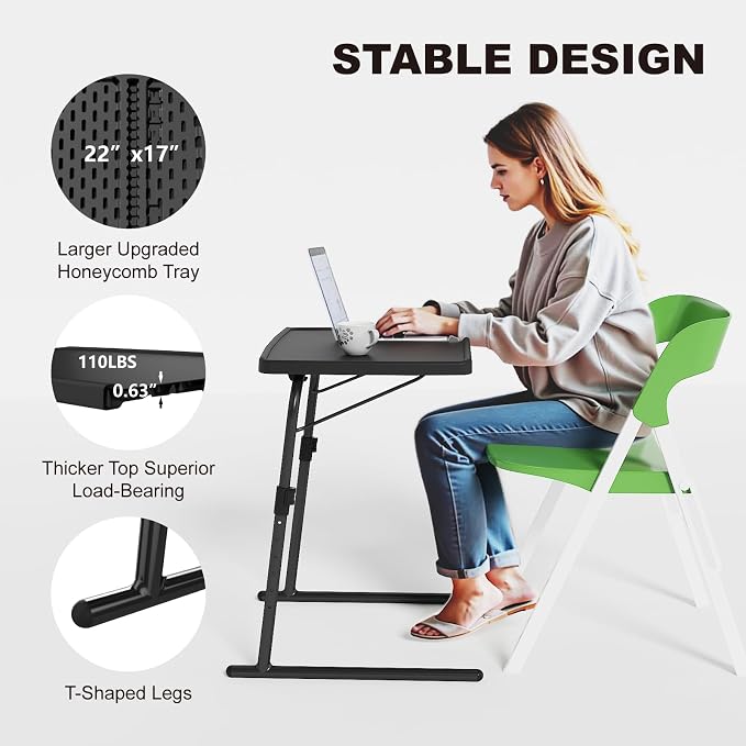 2PK TV Tray Table, Max Folding TV Dinner Tray w/6 Height & 3 Tilt Angle, Adjustable TV Trays for Eating on Couch, Large Size Foldable Couch Laptop Table, Black, 16.9 x 22 x 29.1inch, 110lbs