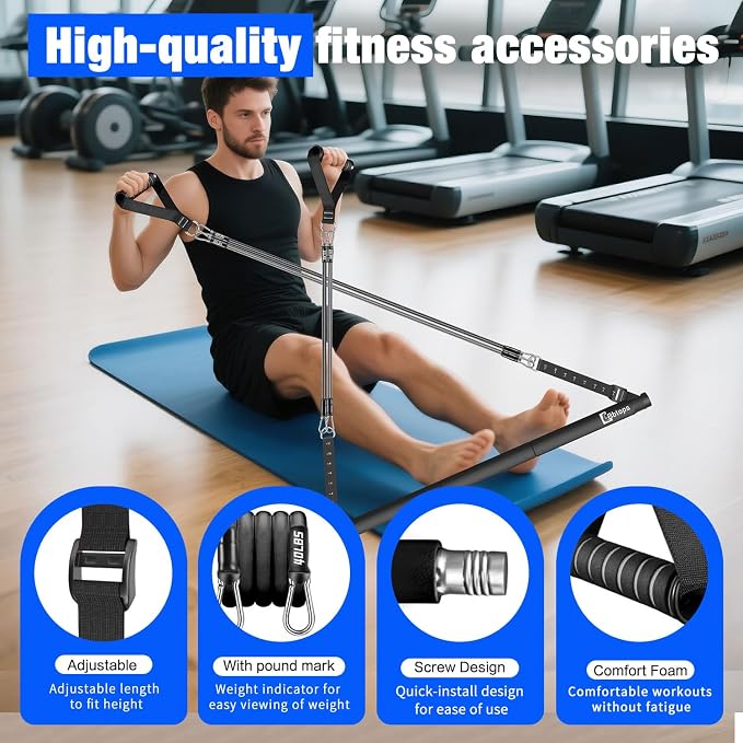 Bbtops Pilates Bar Kit with Resistance Bands,Pilates Bar with Stackable Bands Workout Equipment for Legs,Hip,Waist and Arm,Exercise Fitness Equipment for Women & Men Home Gym Yoga Pilates