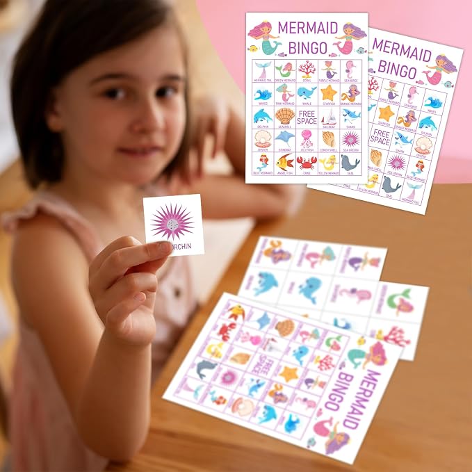 Mermaid Bingo Cards, 24 Player Under The Sea Party Bingo Game for Family Adult, Ocean Mermaid Party Favor, Large Group Party Celebration Activity -08