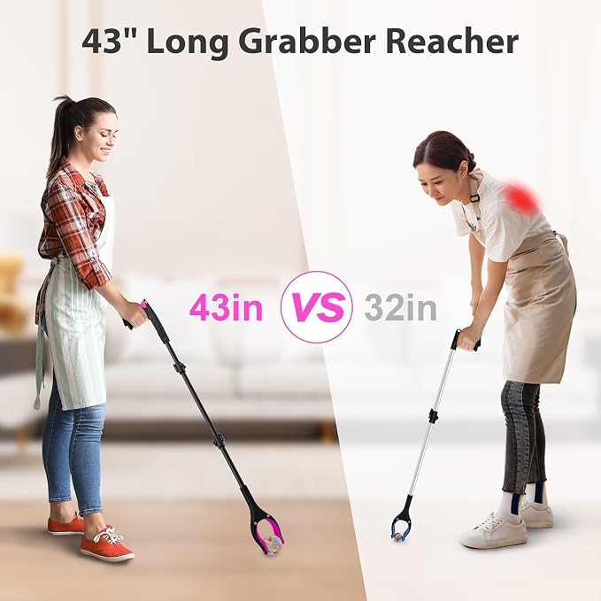 43" Foldable Grabber Reacher Pickup Tool for Seniors, Pink | 360° Rotating Jaw, Two Magnets, Extra Long Trash Picker Upper, Lightweight for Elderly, Indoor & Outdoor
