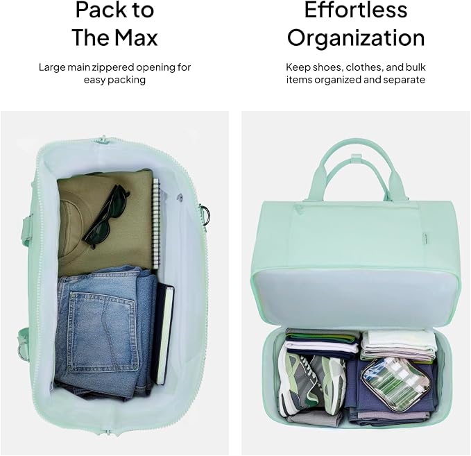 Travel Duffle Bag for Women, 40L Weekender Bags Airline Approved Carry On with Shoe Compartment & Waterproof Wet Pocket, Durable Nylon Weekender Overnight Bag for Travel, Gym, Business Trip, Green
