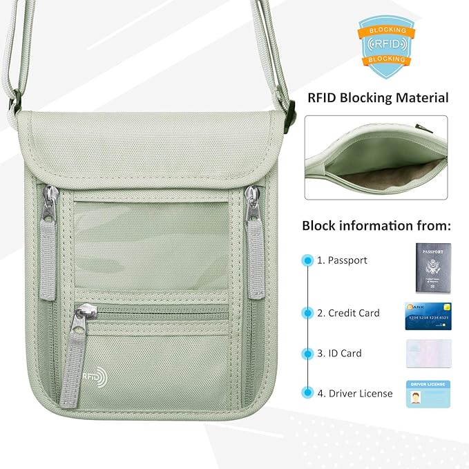 WALNEW Passport Holder Neck Pouch Travel Wallet for Women and Men, RFID Blocking Security Slim Traveling Wallet with Around Neck Lanyard Strap, Light Green | Around Neck Lanyard Strap, Travel Safety Anti Theft Bag, Neck Wallet for Traveling Women