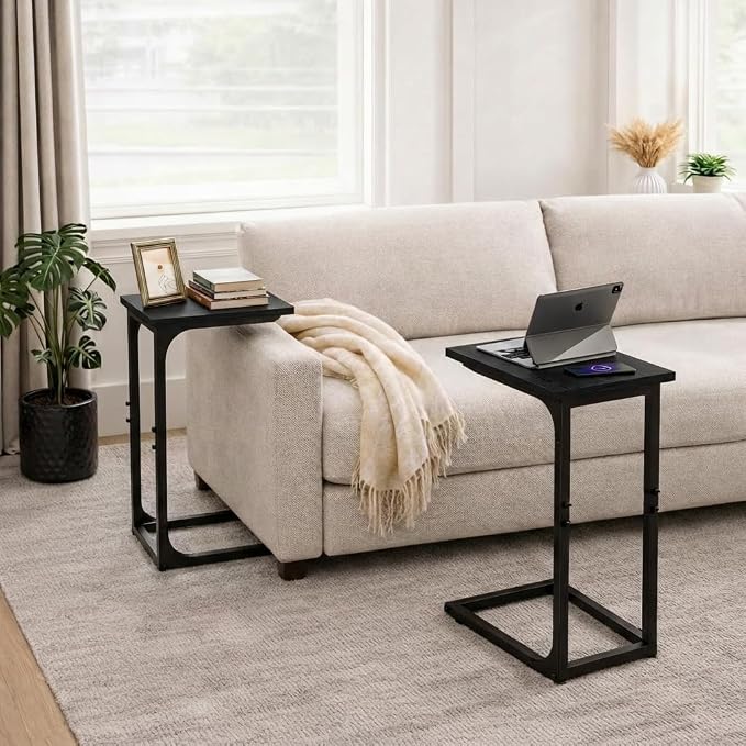 TEMI C Shaped End Table for Couch - Small Side Table and TV Tray for Eating or Laptop, Accent Desk for Chair or Sofa, Easy Assembly, Space-Saving Design for Living Room or Bedroom,Black