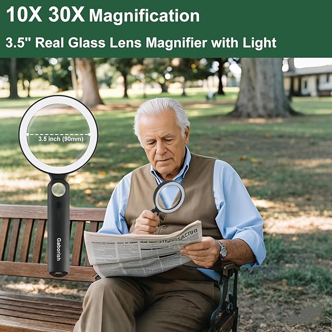 Magnifier with 36 LED Light and Case, 10X 30X Handheld Real Glass Magnifier with 5 Light Modes Dimmable Rechargeable Lighted Magnifying Glass for Seniors Reading, Inspection (White & Black)