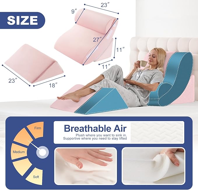 4PCS Orthopedic Bed Wedge Pillow Set for Post Surgery Recovery - Adjustable Memory Foam Support Pillows for Back/Leg/Shoulder Pain Relief, Acid Reflux & Anti Snoring Sleeping System, Pink