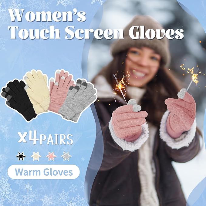 Omisy 4 Pairs Women Winter Gloves Touchscreen Cold Weather Mitten, Christmas Gifts for Adult Stockings Stuffers Mom Wife