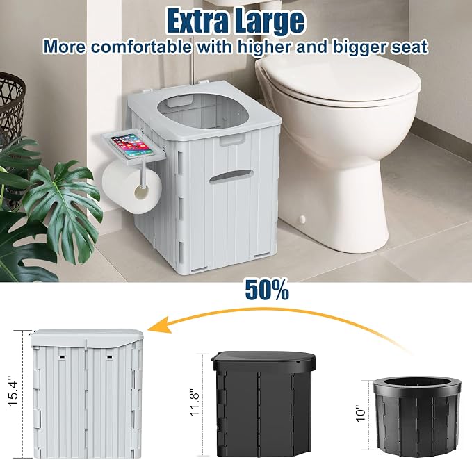 XL Portable Toilet for Adults Extra Large, 15.4"H Foldable Camping Toilet with Detachable Phone Shelf and Toilet Paper Holder, Waterproof Porta Potty with Lid for Camping, Long Road Trips, Car, Gray