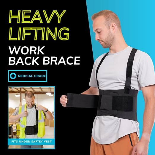 BraceAbility Work Back Brace - Removable Suspender Shoulder Straps for Heavy Lifting Safety - Industrial Lower Back Pain Protection Belt for Men and Women in Construction, Moving, Warehouse Jobs (M)
