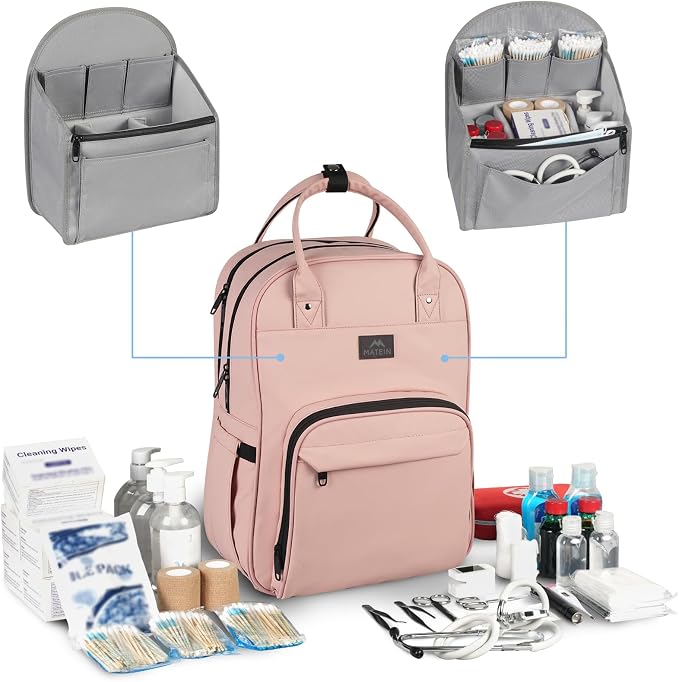 MATEIN Nursing Backpack, Home Health Nurse Bag with Removable Organizer | Womens Medical Backpack fit 15.6 Inch Laptop, Waterproof Clinical Doctor Work Bag for College, Pink Nursing Essentials