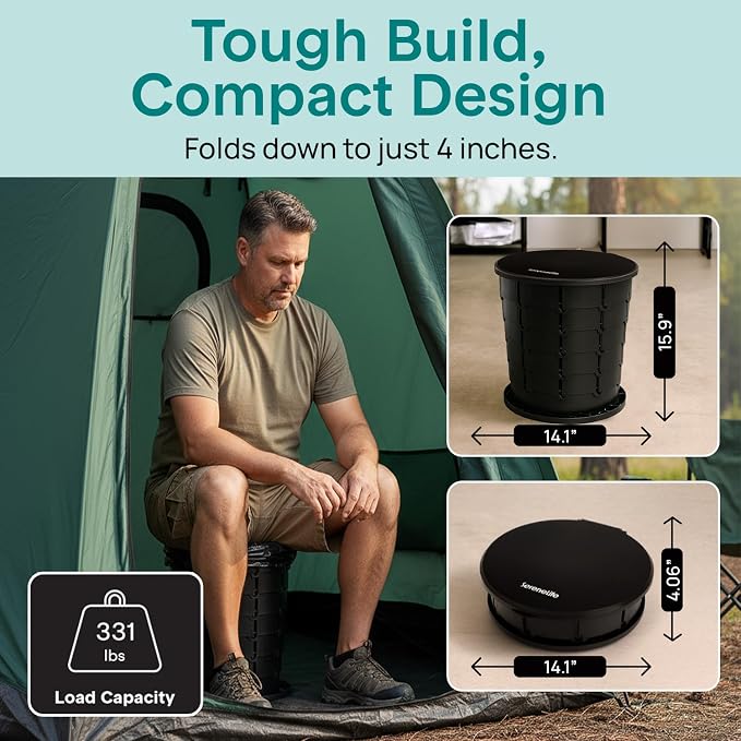 SereneLife Foldable Toilet Seat for Camping, Adjustable Height Portable Travel Potty with Lid, Carry Bag, Non-Slip Base, 331 lbs Capacity + 3-Pack Flushable Wipes, for Car, Hiking, Outdoor Use, Black