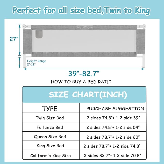 3-Pack King Size Bed Rails for Toddlers -Height Adjustable Baby Bed Rail Guard Specially Designed for King Size Bed (78.7"x78.7"x74.8"-Grey)