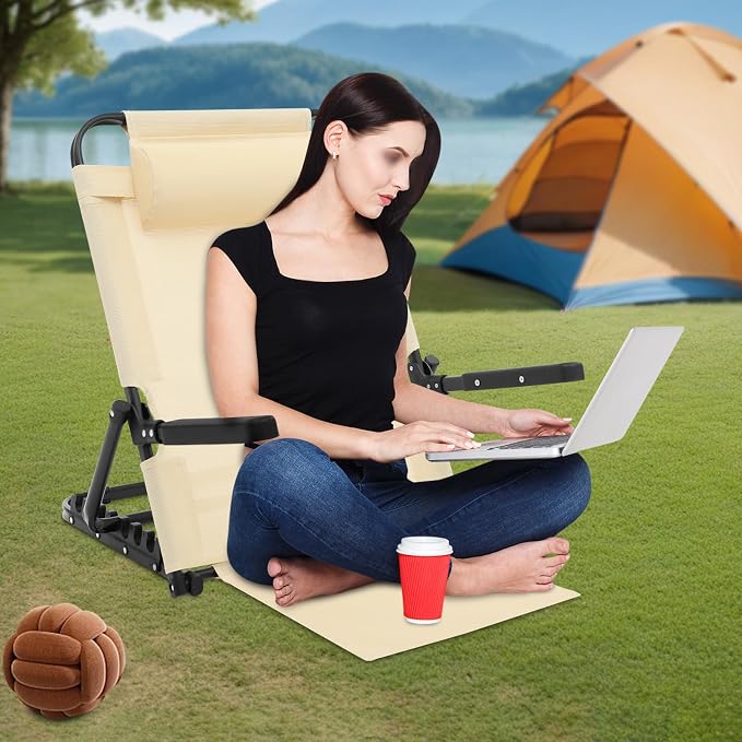 Lifting Bed Backrest, Oxford Cloth Backrest Chair 8 Gears Adjustable Armrest Sit up Back Rest for Read Watch TV Eat Khaki