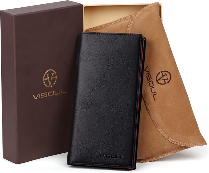 VISOUL Leather Checkbook Cover Wallet for Men with RFID Blocking, Mens Long Bifold Cash Tall Wallet with 11 Credit Card Slots 1 ID Window (Black and Burgundy)