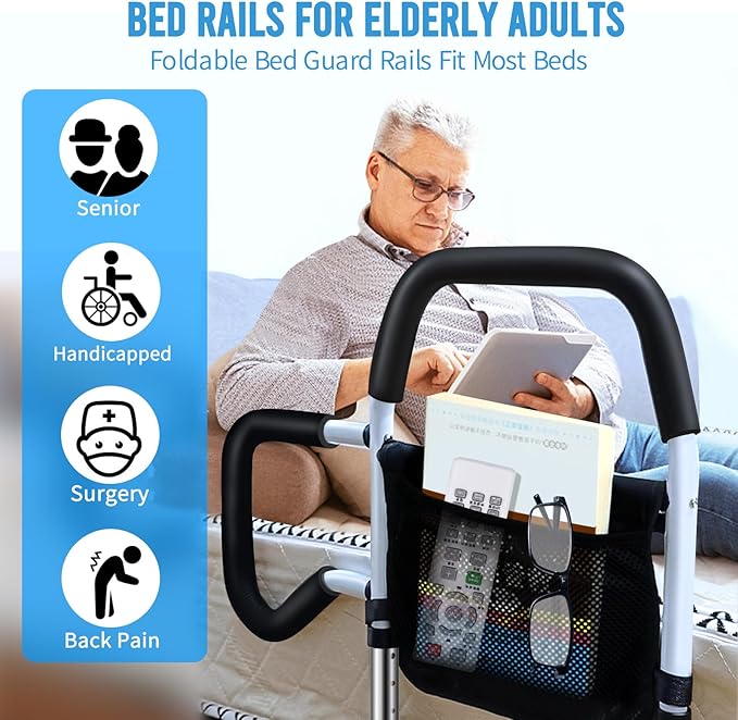 Bed Rails for Elderly Adults Safety, Foldable Bed Guard Rails, Assist Bar for Seniors Fit King/Queen/Full/Twin Size, Gifts for Seniors, Adjustable Heights & Storage Pocket
