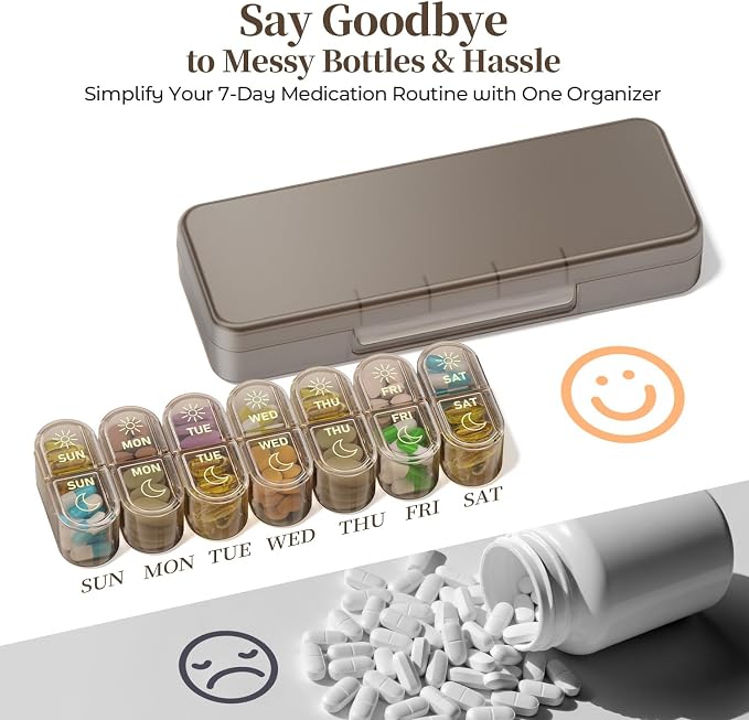 Betife AM PM Pill Organizer 7 Day, Weekly Pill Organizer Box 2 Times a Day | Portable, Cute, Easy Open, Airtight, Fashion, Dust-Proof, Reusable, Sturdy