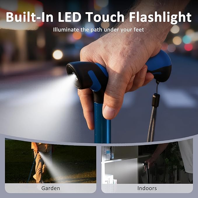 Walking Cane with LED Light, Folding Canes for Men & Women with Shock Absorption - Adjustable, Lightweight Collapsible Walking Sticks with Comfort Grip Handle, Heavy Duty All Terrain Tip