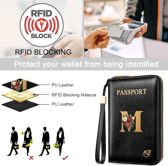 Passport Holder for Travel Personalized Wallet with Wristlet Women | Passport Cover, RFID Blocking, Passport Book Holders, Back Coin Pocket, Zipper Closure, Roses Initial Letter, Black M