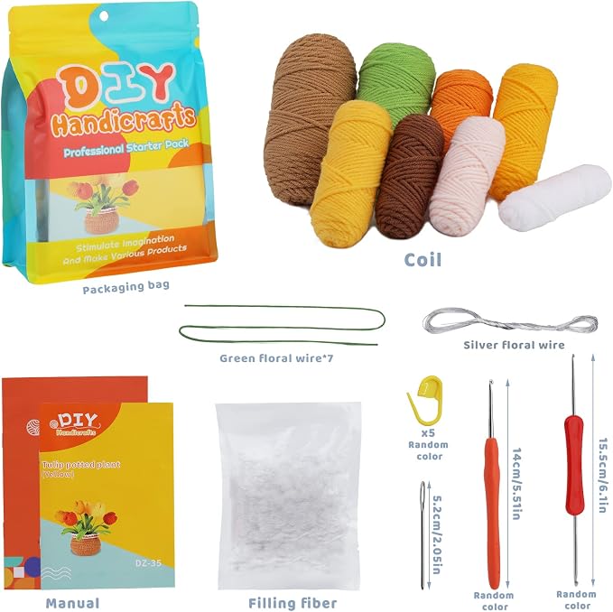 kgxulr Crochet Kit, Yellow Tulips Knitting Kit, Crochet Kit for Beginners | Crochet Kit for Beginners, Crochet Flower Kit, Beginner Crochet Kit for Adults with Step-by-Step Video Tutorials