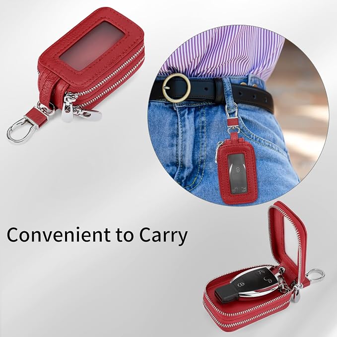 SENDEFN Car Key Fob Case Double Zipper Leather Smart Remote Keychain Protector Holder with Transparent Window