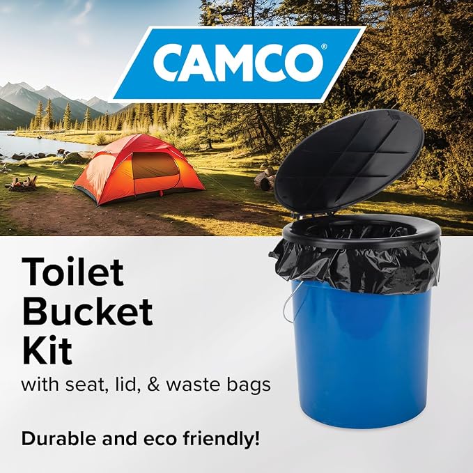 Camco Portable Toilet Bucket with Seat & Lid – 5-Gallon Camping Toilet with Bag Liners & Carry Handle – Lightweight, Easy to Clean, Durable – Ideal for Outdoor, RV, Hunting & Emergency Use (41549)