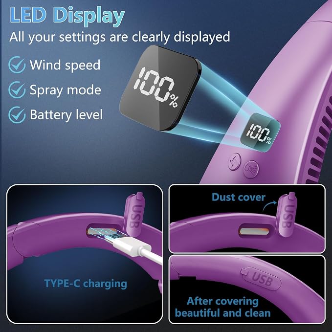 Neck Cooler Fan-Portable Fan with Mist,Rechargeable Neck Fan,Personal Cooling Device,Neck Coolersfor Hot Weather,Battery Powered Best Gifts for Father'S Day Mom Dad Kids Birthday Purple