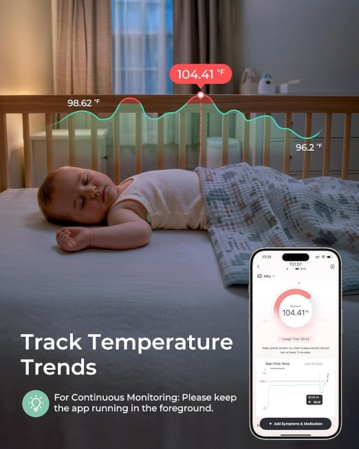 Momcozy Wearable Digital Thermometer for Baby, Continuous App Monitoring | Medical-Grade ,High Accuracy Thermometer for Kids & Infants, Instant Reads, Hypoallergenic 3M Sticker,APP Alert,Visual Trends