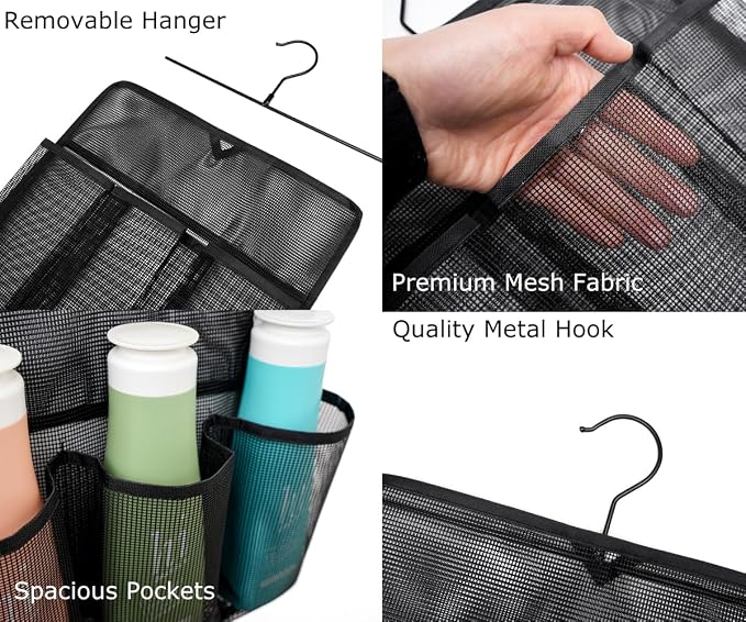 ALYER Mesh Shower Organizer,Shower Caddy with Rotating Detachable Metal Hanger, Quick Dry Bathroom Storage for Toiletry Accessories, Portable Shower Bag for RV,Dorm,Gym and Travel (Black)