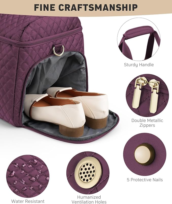 Weekender Bags for Women, Wide Open Large Travel Duffle Bag with Shoe Compartment, Overnight Carry on Bag Personal Item Travel Bag with Wet Pocket (Dark Purple)