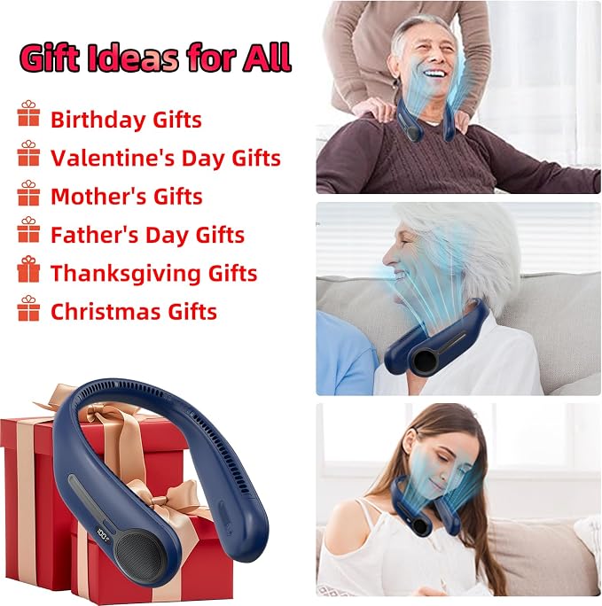 Portable Neck Fan, Personal Wearable Bladeless Fan, 6000mAh USB Rechargeable, 360° Airflow, LED Display, 4-Speeds, Hands Free Fan for Outdoor Indoor, Birthday Gifts for Men Women Dad Mom (Blue)