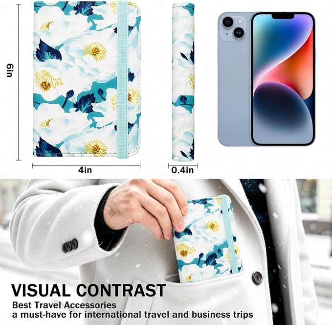 RFID Blocking Passport Holder for Travel – PU Leather Waterproof Lightweight Passport Cover Wallet for Women Men, Travel Organizer with Card Slots for Airline Tickets & Passport Book, Flower A