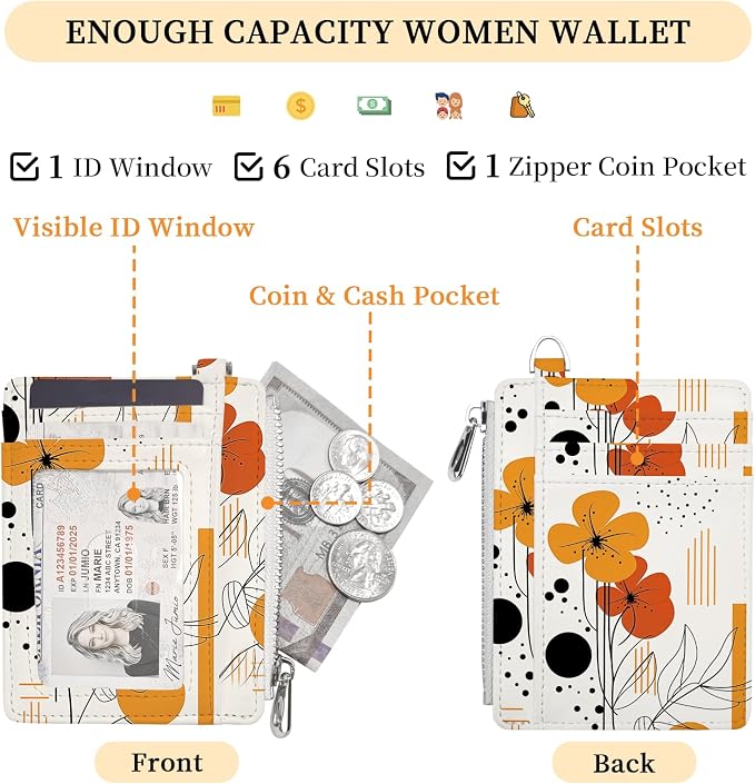 Hancynir Boho Flower Credit Card Holder Slim Wallet Women, RFID Small | Zipper Pocket Wallet, Thin Travel Coin Purse, PU Leather, Minimalist Card Case, 6 Card Slots, ID Window, Ladies Women Gifts