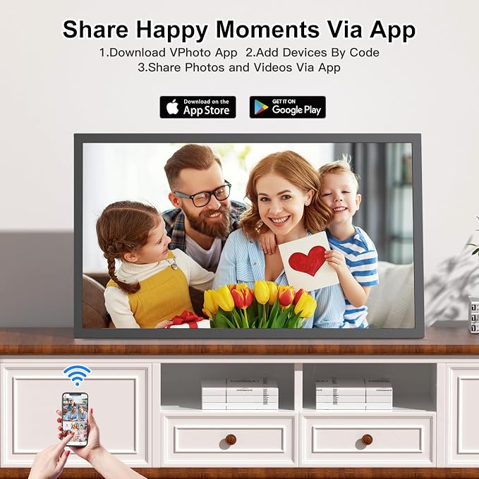 21.5 inch Large Digital Picture Frame Digital Photo Frame WiFi - 64GB, IPS FHD, Auto Rotate, Load Photos Videos from Phone via App Email, Free Cloud, Wall Mounted, Gift for Family, No Touchscreen